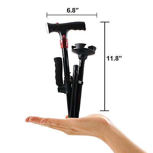 urge medical Clever Cane with LED Light,Travel Adjustable Folding Walking Canes, Security Alarm, Two Cushion Handles - Foldable, Light Weight Walking Stick for Arthritis Seniors Disabled and Elderly
