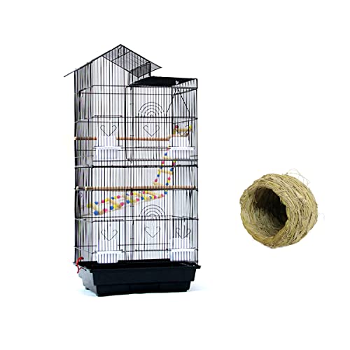 RAKU バードケージ 鳥カゴ 鳥小屋 インコケージ とりかご 鳥籠 複数飼い 止まり木 おもちゃ ブランク エサ入れ4個 ハンドル付き ブラック黒 省スペース お手入れかんたん 幅49x奥行き35x高さ100 cm (ブラック)