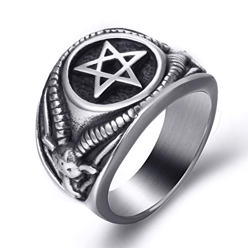 Elfasio Men Stainless Steel Rings Pentagram Satan Baphomet Goat Devil Vintage Jewelry Size 11
