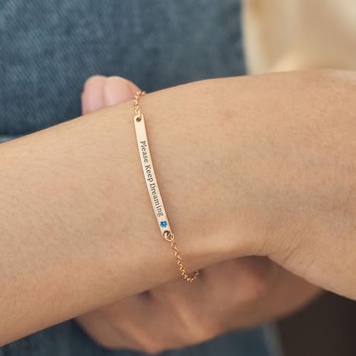 MRENITE Personalized Name Bar Bracelet with Simulated Birthstone Soild 10k/14k/18k Gold Inspirational Gift Handmade Customized Engraved Initial ID Coordinates Charm Christmas4