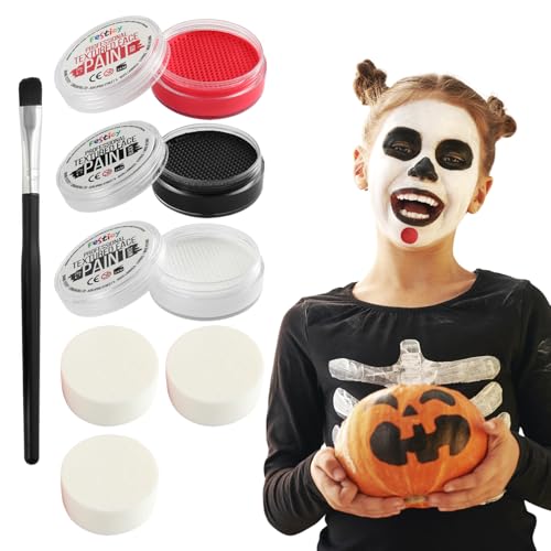 Festicy maquillaje profesional I pintura cara niños 3 colores (negro, rojo, blanco) I 20g por color, incluye 3 esponjas y 1 pincel I Maquillaje de Halloween, carnaval y body painting, vampiro
