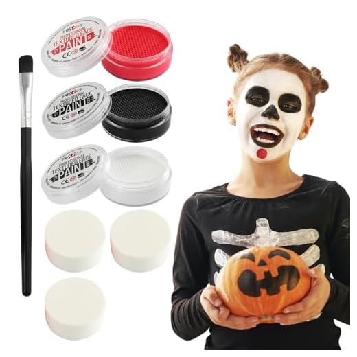 Festicy maquillaje profesional I pintura cara niños 3 colores (negro, rojo, blanco) I 20g por color, incluye 3 esponjas y 1 pincel I Maquillaje de Halloween, carnaval y body painting, vampiro