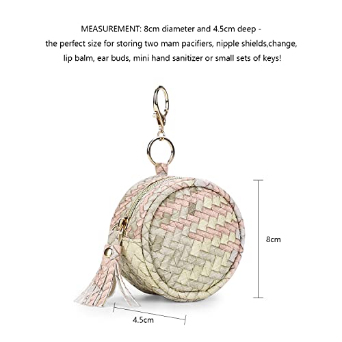 Image of Pacifier Case Bag - Leather Pacifier Holder with Clip for Diaper Bag Stroller Purse Charm, Holds 2 Pacifiers Outdoor Travel (Weave)