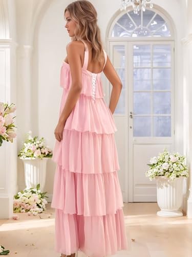 Halter Chiffon Bridesmaid Dresses for Women 2025 Tiered Ruffles A Line Long Formal Evening Party Gown3
