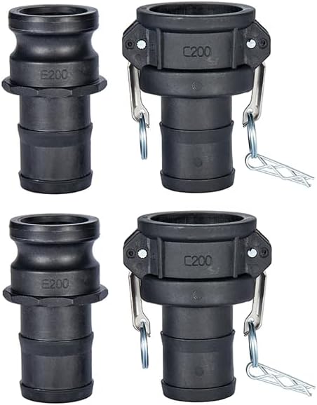 2 pcs Polypropylene Camlock Fittings (2” part C Female Coupler x Hose End) Cam and Groove Hose Fittings + 2 pcs PP Cam Lock Fitting (2” part E Male adapter x Hose End)
