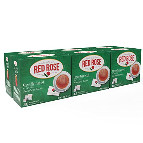 Red Rose Naturally Decaffeinated Black Tea, Smooth & Flavorful Decaf for Iced or Hot Tea in Bulk, Gluten-Free, 6 Pack of 48 Individually Wrapped Teabags