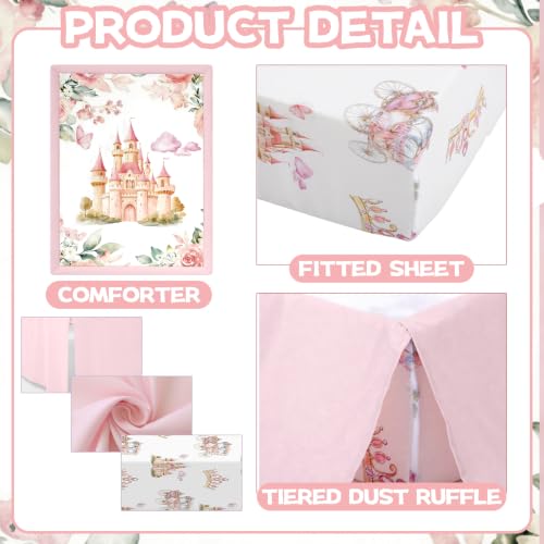 Image of Hahafelt 3 Pcs Princess Baby Crib Bedding Set Pink Enchanted Princess Theme Decor for Infant Bed with Watercolor Castle Carriage Design Print Includes Quilt, Fitted Sheet, Skirt for Baby Girl Gifts