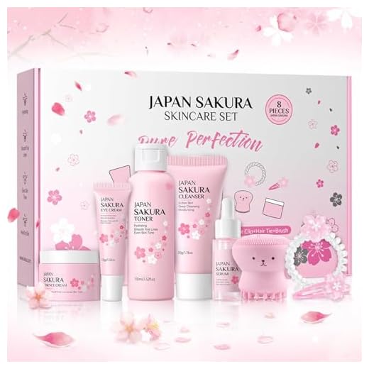 Set de Cuidado Facial Sakura 8 Piezas,Set de Cuidado Diario de la Piel con Limpiador,Tónico,Crema facial,Esencia,Esencia ocular,Cepillo,Correa y clip para el cabello,para Adolescentes y Mujeres