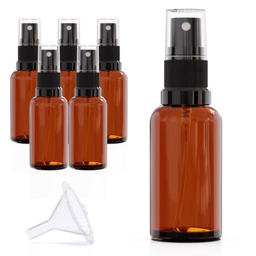 Pack of 6 Amber Glass Spray Bottle, 1 oz, Small Reusable Refillable Cosmetic Mist Bottle For Skincare,Haircare,Essential Oil, 30ml Fine Mist Sprayer (Amber, 1oz (6pcs))