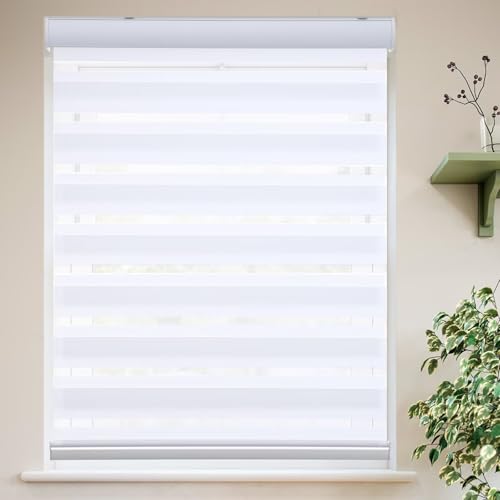 MYshade Persianas enrollables cebra para ventanas de interior, sin cordón, para filtrar la luz día y noche, de doble capa, fácil de instalar, 139.7 cm de ancho x 182.9 cm de alto, blanco