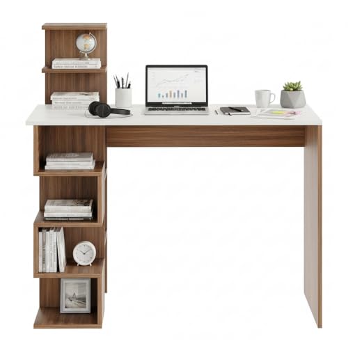 Image of FURNEASER Edward Modern Engineered Wood Study Table with Side Bookshelf Storage | Space-Saving Computer & Laptop Gaming Desk for Home Office | Wooden Writing Desk (Exotic Teak & White)