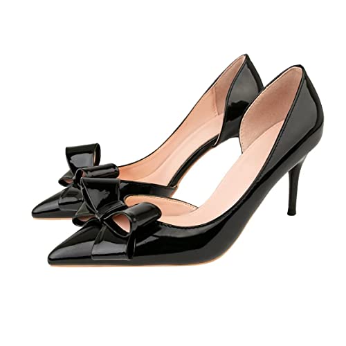 LUXINYU,Women Pointed Toe Heels Fashion Sweet Stiletto Bow Elegant Ladies Pumps Hollow Sexy Heeled Dress Shoes Patent Leather Comfort Work Shoes