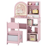 COSTWAY Kids Dressing Table, Girls Vanity Set with Stool, 3-Color LED Lights Mirror, Storage Shelves, Fabric Drawer, Make Up Pretend Dresser Desk Chair Set for Toddlers (Pink)