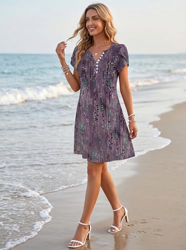 Image of Disamer Womens Casual Dresses Short Sleeve Summer Dresses 2026 Boho Floral Beach Sundresses Spring A-Line Dress with Pockets