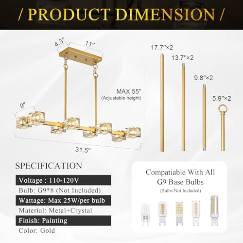 Image of Modern Crystal Chandelier 8-Light Gold Sputnik Ceiling Pendant Lights L 31.5 inch Dining Room Hanging Light Fixture for Kitchen Island Over Table Living Room Bedroom