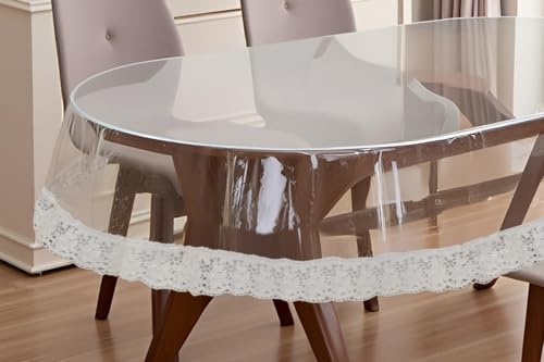 Image of The Furnishing Tree Oval Shaped 4 to 6 Seater Transparent Table Cover WxL 54x78 inches 0.25 mm Thickness with White Lace
