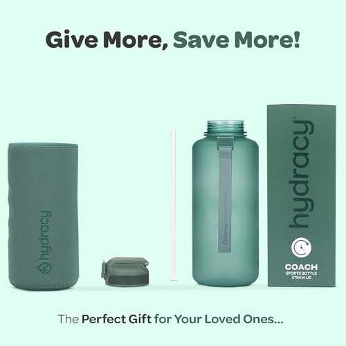 Image of Hydracy Water Bottle with Times to Drink & Straw -Large Half Gallon 64oz BPA Free Motivational Water Bottle & No Sweat Sleeve -Leak Proof Gym Bottle with Time Marker -Ideal Gift for Sports & Outdoors