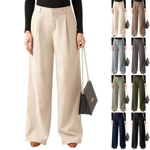 Linen Pants Women Business Casual Summer Pleated Button Down High Waisted Wide Leg Pull On Dress Pants with Pockets