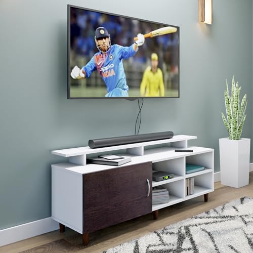 Image of VIKI Modern TV Unit for Living Room | Engineered Wood TV Cabinet with 1 Door Storage, 2 Open Shelves & Extension, Entertainment Unit, 140W x 48H x 40D cm | DIY | 1 Year Warranty (White & Wenge)