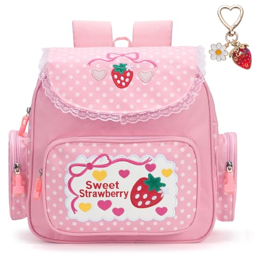 LJCTULY Cutecore Mochila de morango - Mochila infantil para meninas - Bolsa de bordado de bolinhas JK de renda rosa