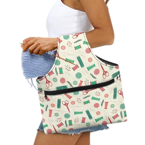 Image of Yarn Bag Portable Crochet Tote Bag Large Canvas Wrist Bag for Crochet and Knitting On The Go, Cute Sewing Print Project Bag Holds Supplies and Needles or Hooks, Easy to Carry