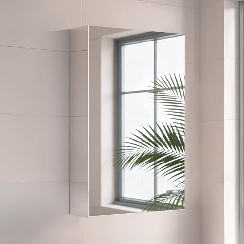 Image of BonKaso Premium SS 304 Bathroom Mirror Cabinet | Wall-Mounted Stainless Steel Storage Cabinet with Frameless Mirror (16x24 Inch, Chrome Finish)