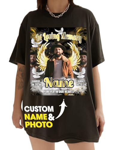 Custom Memorial Shirt for Loss of Loved One, Rest in Peace T-Shirt with Angel Wings, in Loving Memory Photo Tee Sympathy Gift (US, Alpha, Small, 5X-Large, Regular, Regular, H9.8)