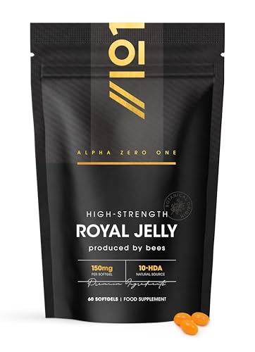 Raw Royal Jelly 9,000mg per Bag – Rich in 10-HDA – 150mg per Softgel – 60 Softgels – Naturally Produced by Bees – Resealable and Recyclable Pouch by Alpha01