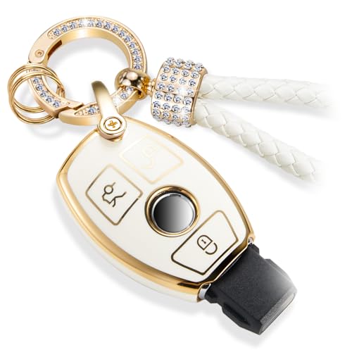 Image of Key Fob Cover for Mercedes Benz, Rhinestone Loop Case, Gold Edge | Wear-resistant TPU shell, rhinestone-accent PU loop, daily splash, scratch and drop protection, normal signal use, easy setup