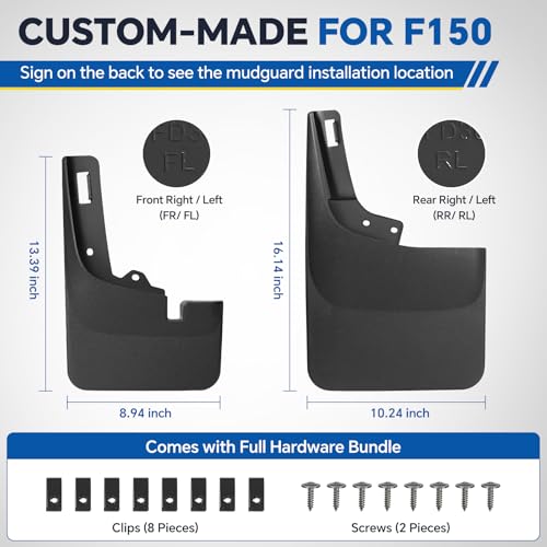 Image of Ford F-150 Mud Flaps 2024 2023 2022 2021 (Set of 4) | Drilling Required Front & Rear Splash Guards | Fits Narrow Fenders | PP+TPE Material | Not for Raptor /Lightning /Fender Flares