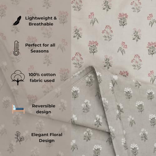 Image of Florida Reversible Cotton Dohar - Single Size (220x160 cm, 90 GSM, Pink Floral Pattern), Soft & Lightweight Blanket for All Seasons, Breathable & Skin‑Friendly Fabric