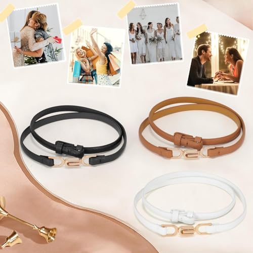 3 Pack Women's Skinny Genuine Leather Belt Adjustable Thin Waist Belt with Gold Buckle3