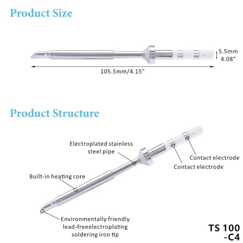 Image of TS100-C4 Soldering Iron Tips, Rapid Heating Replacement Solder Tips Compatible with TS100, TS101, Pine64 and Pinecil Soldering Irons -Accurate Soldering Easy to Install