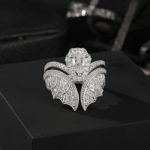 Image of Jeulia Unique Gothic Design 925 Sterling Silver Pear Cut Bat Coffin Promise Engagement Wedding Ring Set with Diamond Wings Bridal Jewelry Gift Box