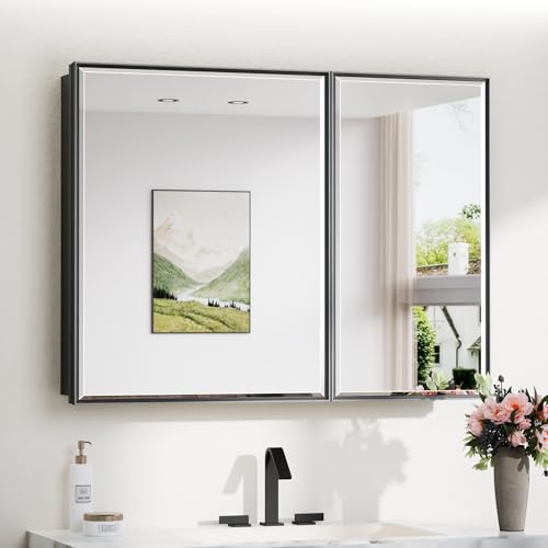 Image of TokeShimi 40x30 in Beveled Mirror with Storage Bathroom, Fully Assembled