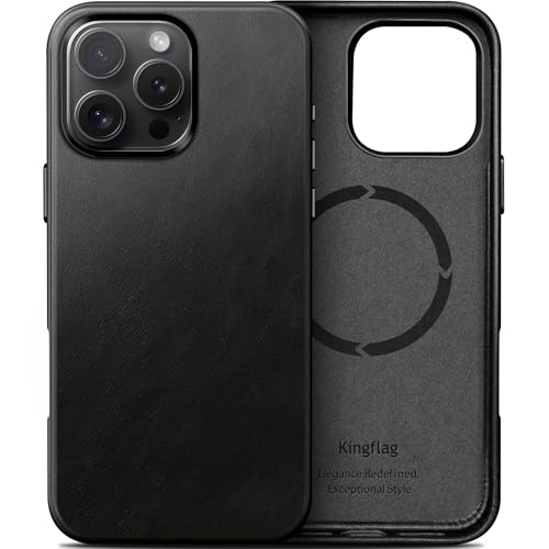 kingflag Leder Hülle für iPhone 16 Pro Ölwachs-Oberleder Handyhülle extra Dünn Kompatibel mit MagSafe (Schwarz)