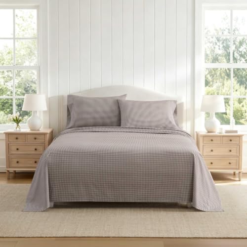 Image of Martha Stewart - Full Sheet Set with Fitted Sheet & Pillowcases, Cotton Percale Bedding with a Smooth Feel, Deep Pocket, Gingham Brown