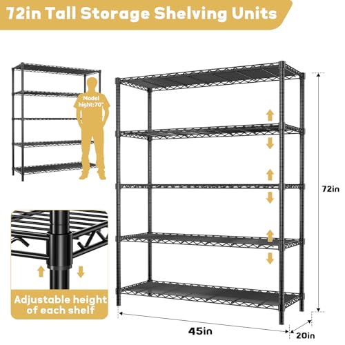 Image of ROOMTEC 5-Tier Wire Shelving Unit,45 inch W*20 inch D*72 inch H,Max Load 2000LBS