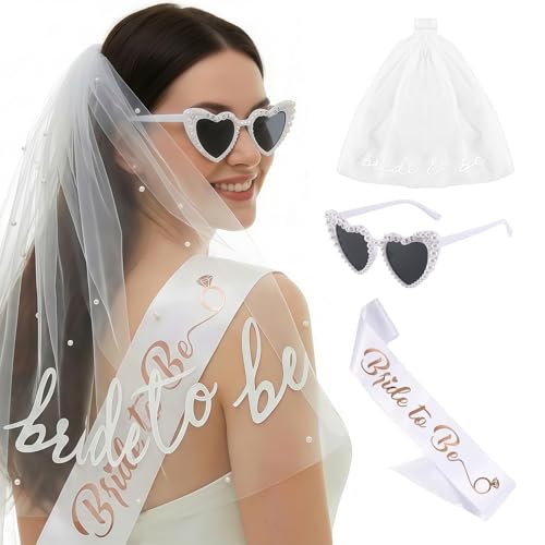 Vesavifaka JGA Acessórios mulheres, 3 peças fita de véu para a noiva, óculos de sol coração pérolas, decoração para namorada, JGA decoração mulheres para festa de casamento despedida de solteira