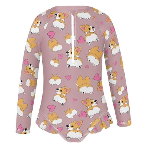 Funny Corgi Girls Long Sleeve One Piece Swimsuit Zipper Bathing Suits 3-12Y2