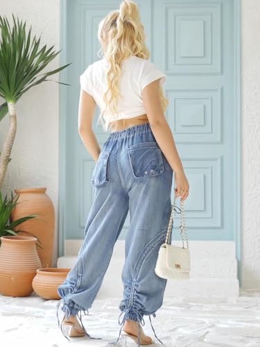 Denim Joggers for Women High Waist Drawstring Loose Wide Leg Oversize Pants with Tie Bow Pockets3