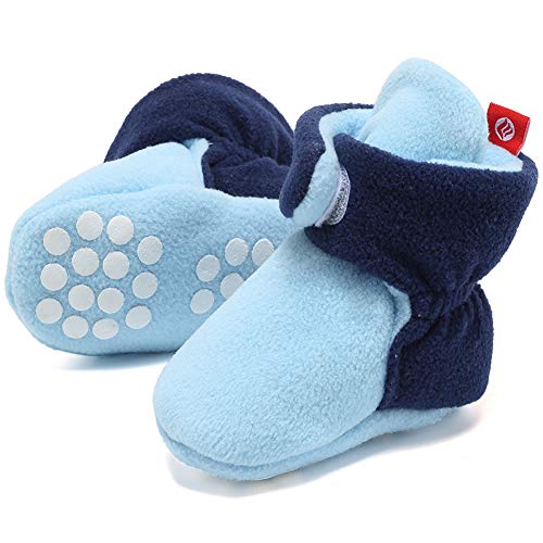 Image of FANTINY Newborn Baby Cozy Fleece Booties with Non Skid Bottom,DNDXBX,Light Blue/Navy,10