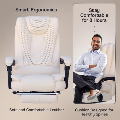 Image of Kepler Brooks Italia Premium Leatherette Office Chair for Work | 3-Years Warranty | Boss Chair for Office, Ergonomic Executive Chair, Cushioned Arms & Seat, Leg Rest,Heavy Duty Metal Base (Off White)