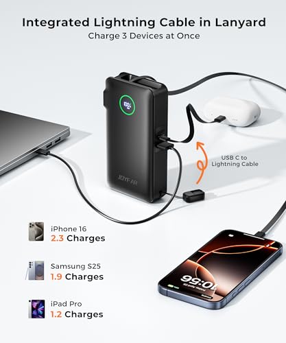 Image of Portable Charger Power Bank - Battery Pack 35W AC Plug GaN 10000mAh Built in Cable USB C Phone Fast Charging Powerbank Compatible with iPhone 16 15 14 13 12 11 X iPad MacBook Samsung (Black)