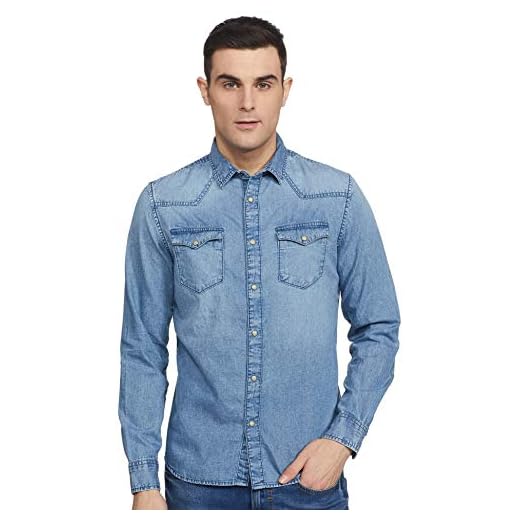 GLORYBOYZ Men's Solid Denim Regular Fit Casual Shirt (Light Denim Blue, Medium)