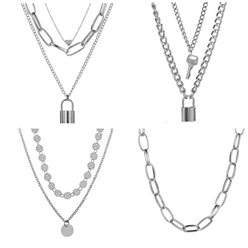 FUTIMELY 4PCS Layered Lock Chain Necklaces Set for Women Teen Girls，14K Gold/Silver Plated Bar Disc Coin Lock Pendant Multilayer Adjustable Punk Chain Choker Y Necklace