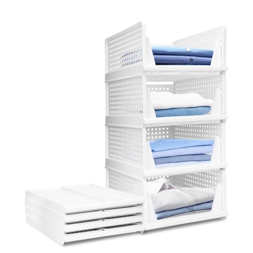USHOP Set da 4 ​​Organizer Armadio Impilabile​​ –cassetti impilabili​,Design perforato con scomparti estraibili,Cassetti Armadio-saving per camera da letto/cucina/bagno (Bianco)