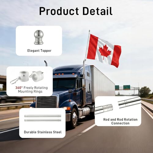 SEEKNEW Silver House Flag Pole Kit, (2 Packs) 6 FT Stainless Steel Tangle Free Spinning Flagpoles with Two-Position Wall-Mounted Flag Pole Holder for 3x5 Canada Flags, Outside House Porch (No Flag) by SEEKNEW - Image 6