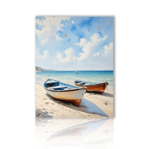 Toile murale côtière, océan, mouette, bateau nautique sur la plage, bleu et blanc, images de plage de sable, œuvre d'art pour décoration d'intérieur pour salle de bain, salon, chambre à coucher, sans