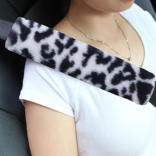 Amooca Soft Faux Sheepskin Seat Belt Shoulder Pad for a More Comfortable Driving, Compatible with Adults Youth Kids - Car, Truck, SUV, Airplane,Carmera Backpack Straps 2 Packs Black White Leopard
